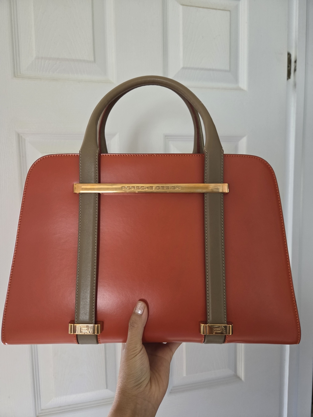 Porsche Design Red-Orange Leather Top-Handle Satchel with Taupe Straps